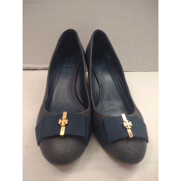 Tory Burch Size 7M Trudy Closed Toe Wedge Leather Crossgrain Navy - Picture 2 of 9